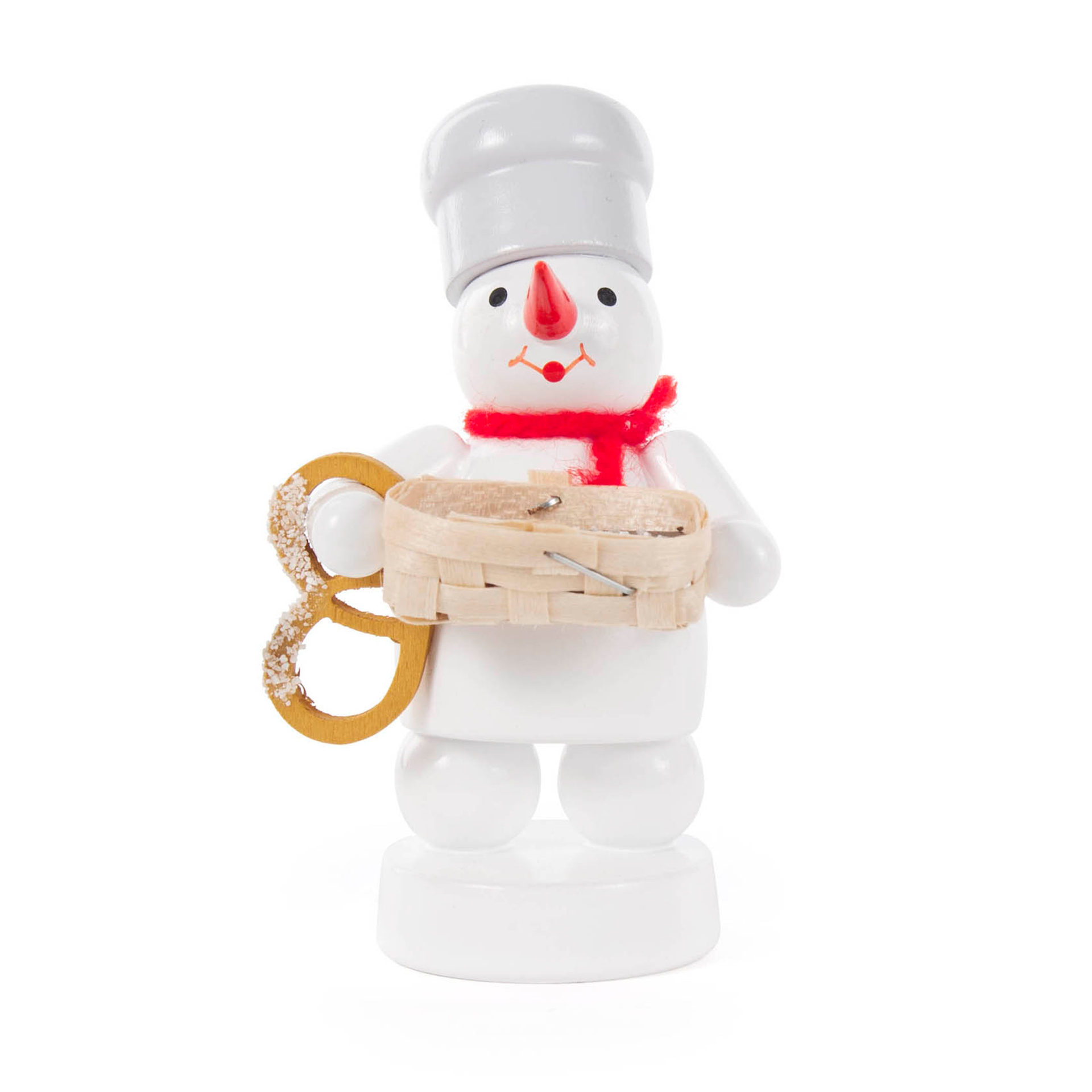 Schneemann mit Korb und Brezel